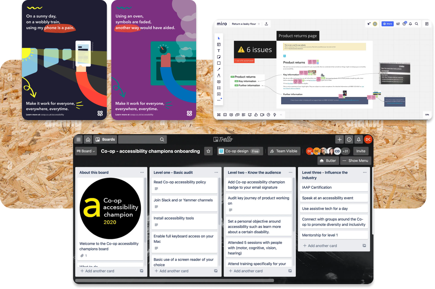 Trello board of accessibility onboarding. Example of 2 posters with accessibility rhymes.