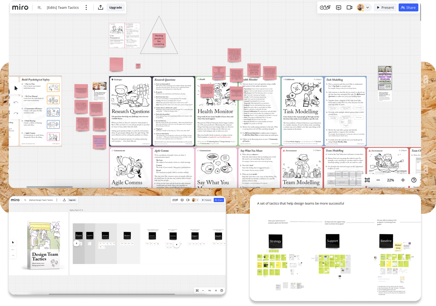 Workings from writing Team Tactics. There are post it notes scattered across different cards.